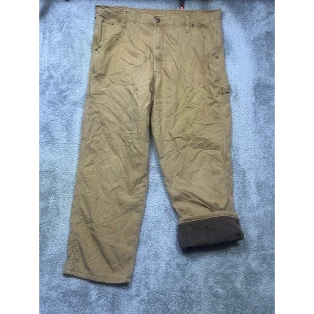 Wrangler Pants Men 36x28.5 Brown Canvas Carpenter Fleece Lined‎ Discolored Holes